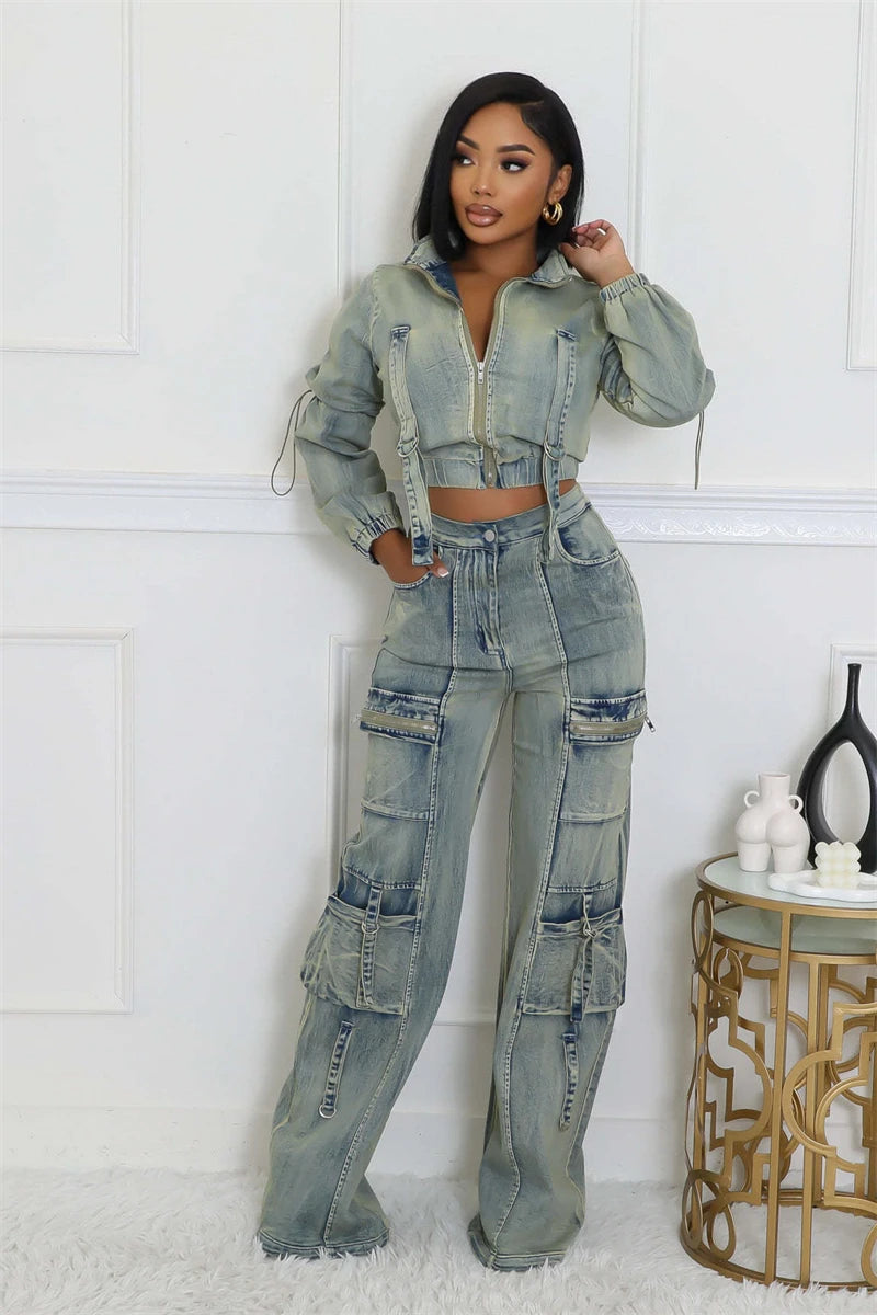 Streetwear Denim Crop Top And Cargo Pants Set for Women