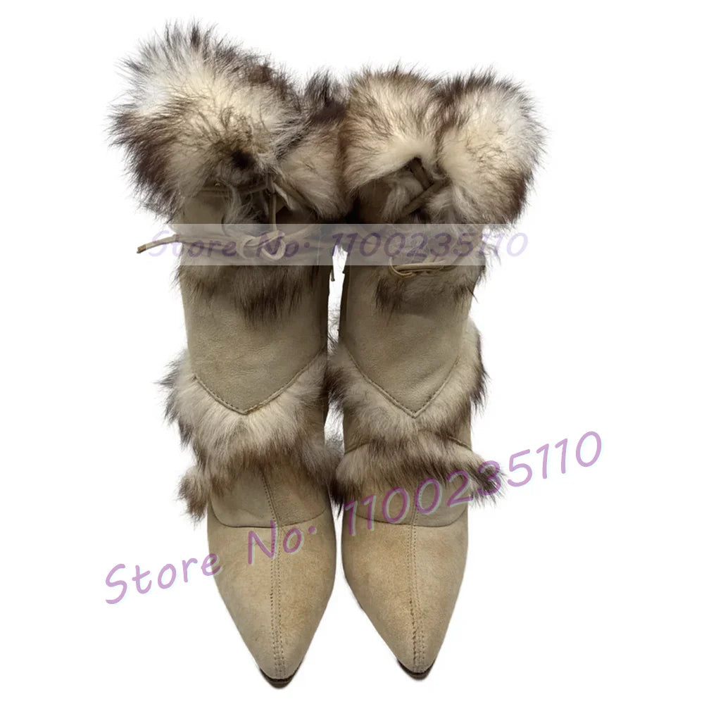 Beige Suede Pointed Toe High Heel Ankle Boots For Women