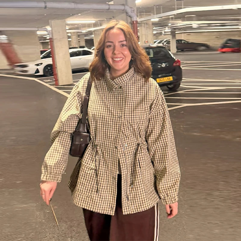 Grid Pattern Stand Collar Long Sleeve Coat for Women