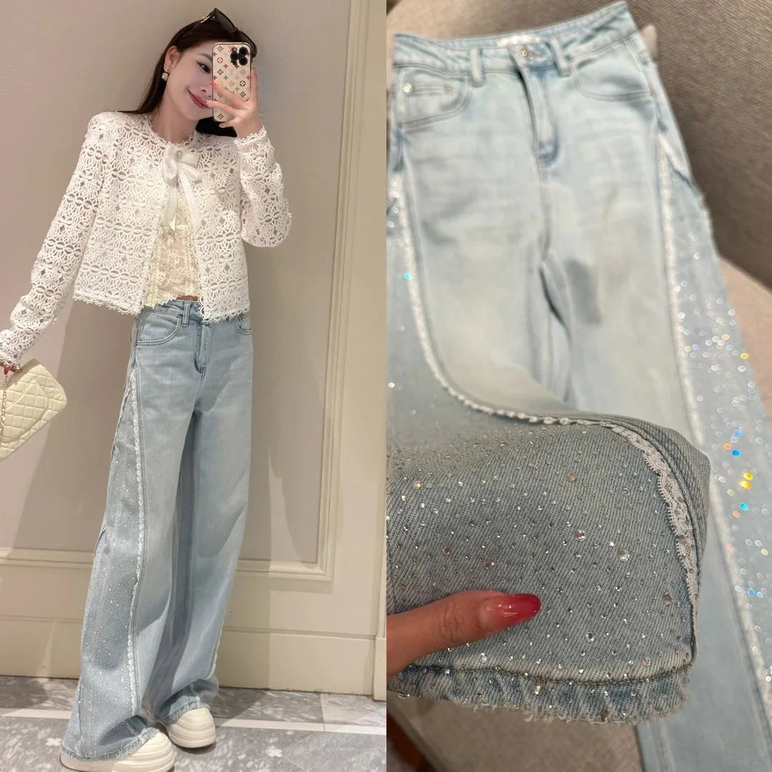Rhinestone Embellished Washed Denim Straight Leg Jeans for Women