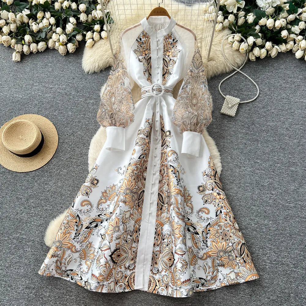 Elegant Printed Mesh Spliced A Line Maxi Dress for Women