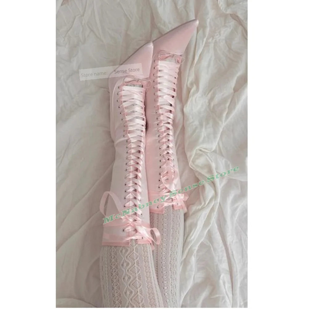 Lace Up Bow Detail Pointy Toe Stiletto Boots For Women