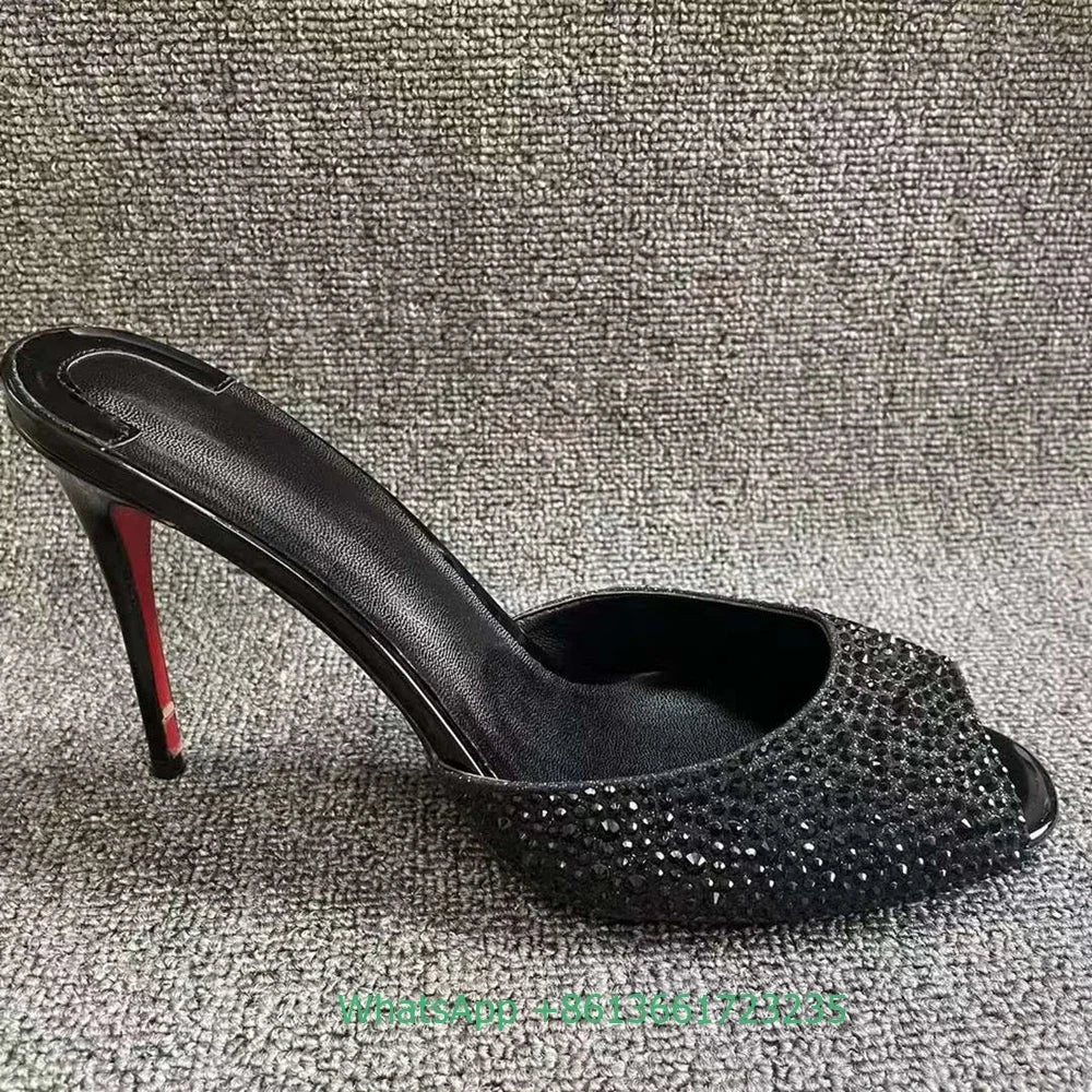 Elegant Rhinestone Peep Toe Stiletto Heel Slides For Women