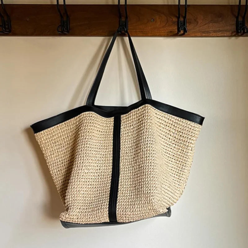 New Brand Woven Women's Tote Bag Large Capacity Splice Versatile Woven Beach Bag Fashion Single Shoulder Straw Bag Underarm Bag