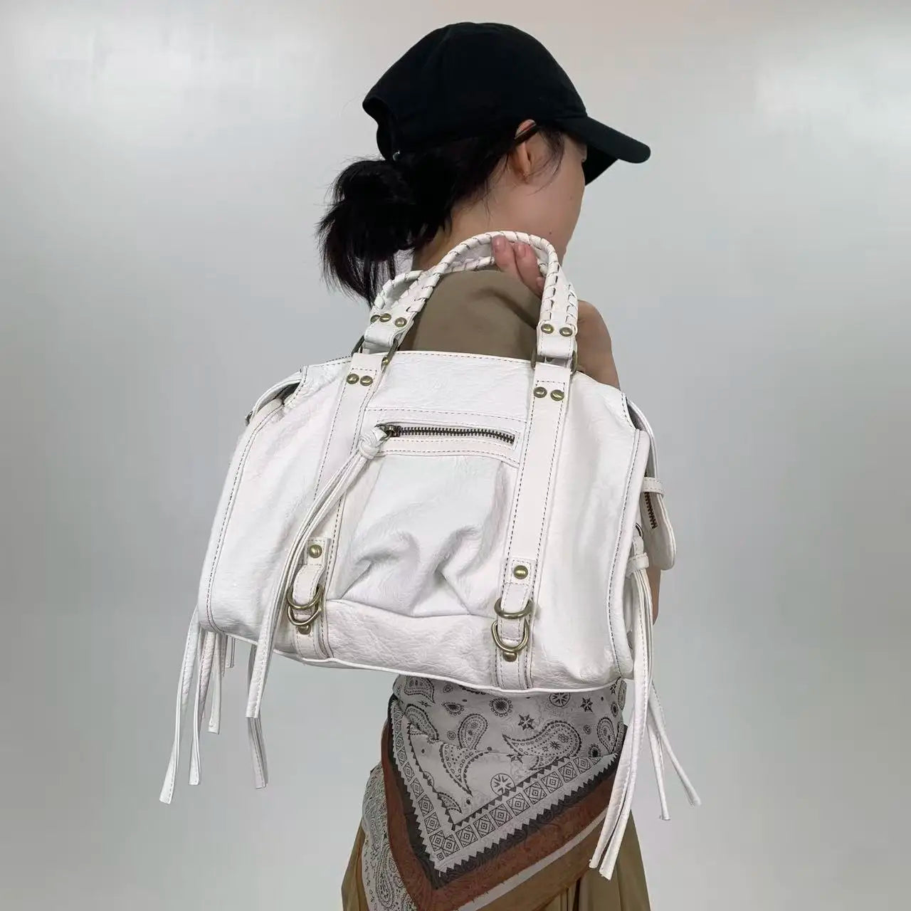 Vintage Street Style Rivet Embellished Shoulder Bag for Women
