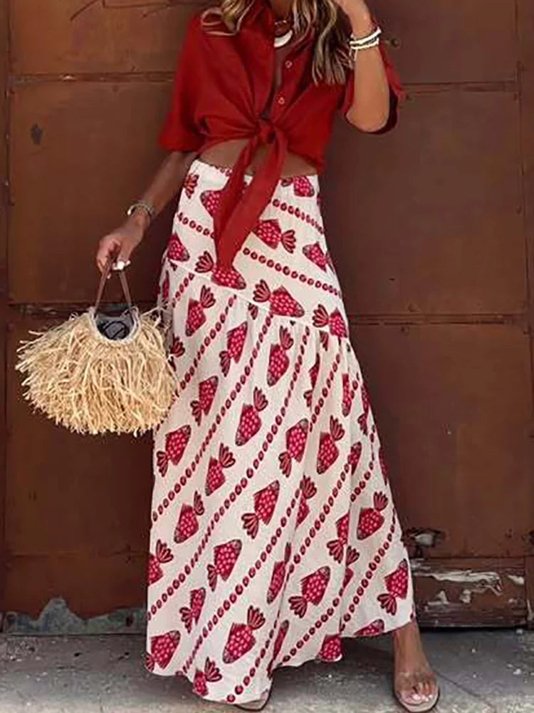 Women Autumn Beach Style Sexy Skirts, 2025 Patchwork Chic Elegant Fashion Skirts, Holiday Simple Retro Print Ladies Maxi Skirts