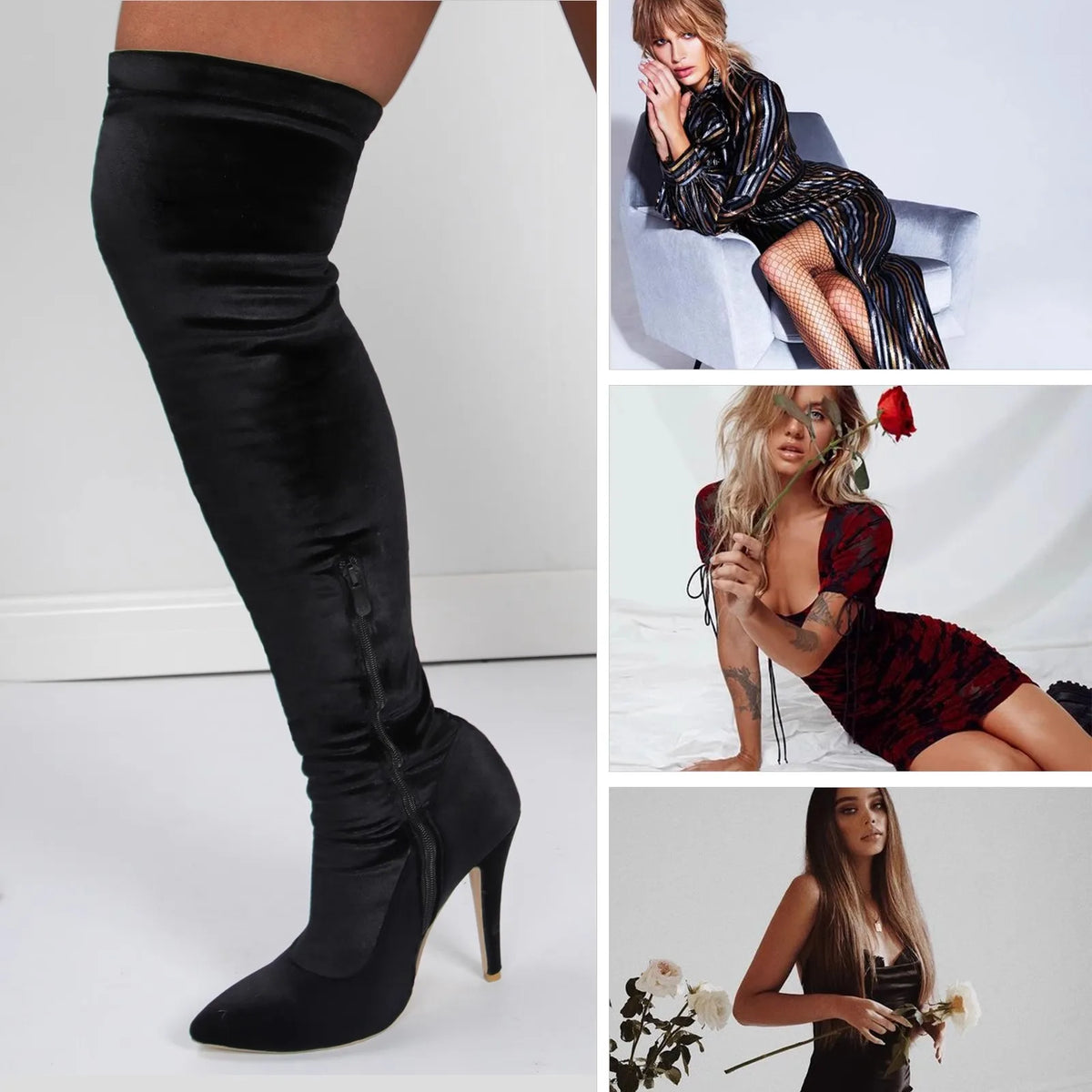 Velvet Pointed Toe Over The Knee Stiletto Boots for Women