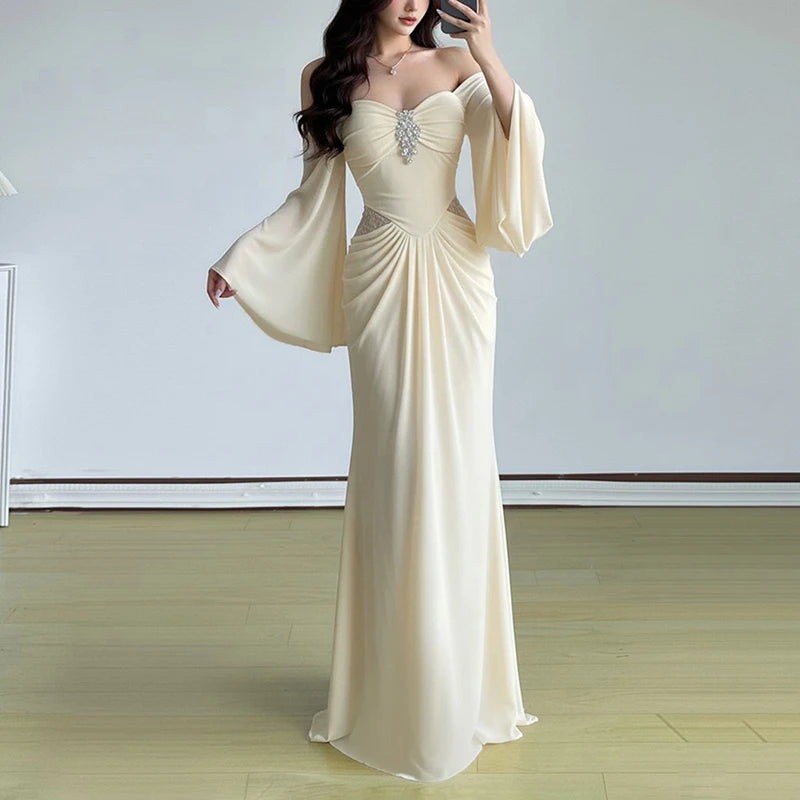 2026 Sexy Backless Draped Party Dress Elegant Strapless Flared Sleeves Evening Dress Women Fashion Hight Waist Solid Long Dress