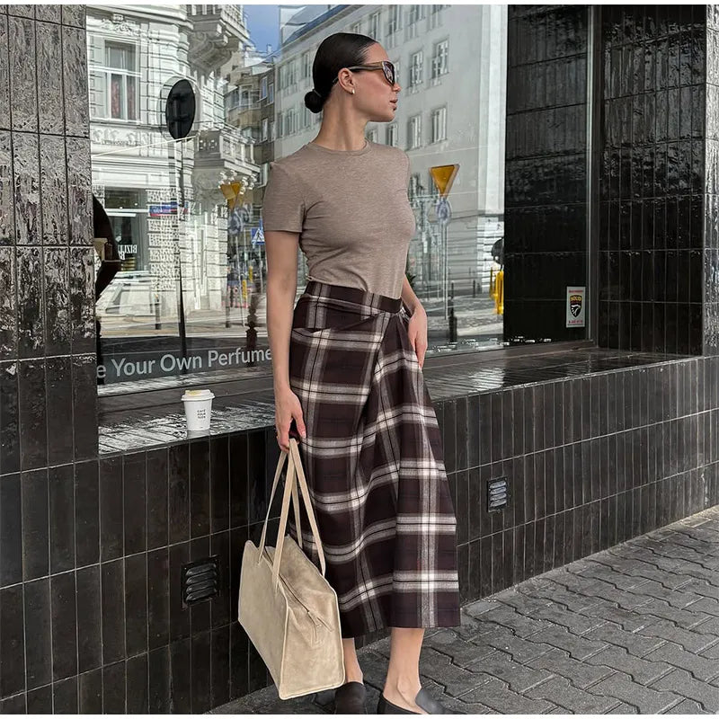 Women Checked Midi Skirt Fashion Casual Pleated Irregular High Waist Slim Mid-length Bottom Lady Daily New Commute Street Skirts