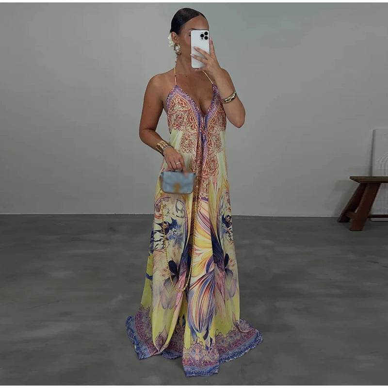 Beach Print Halter Neck Backless Long Dress for Women