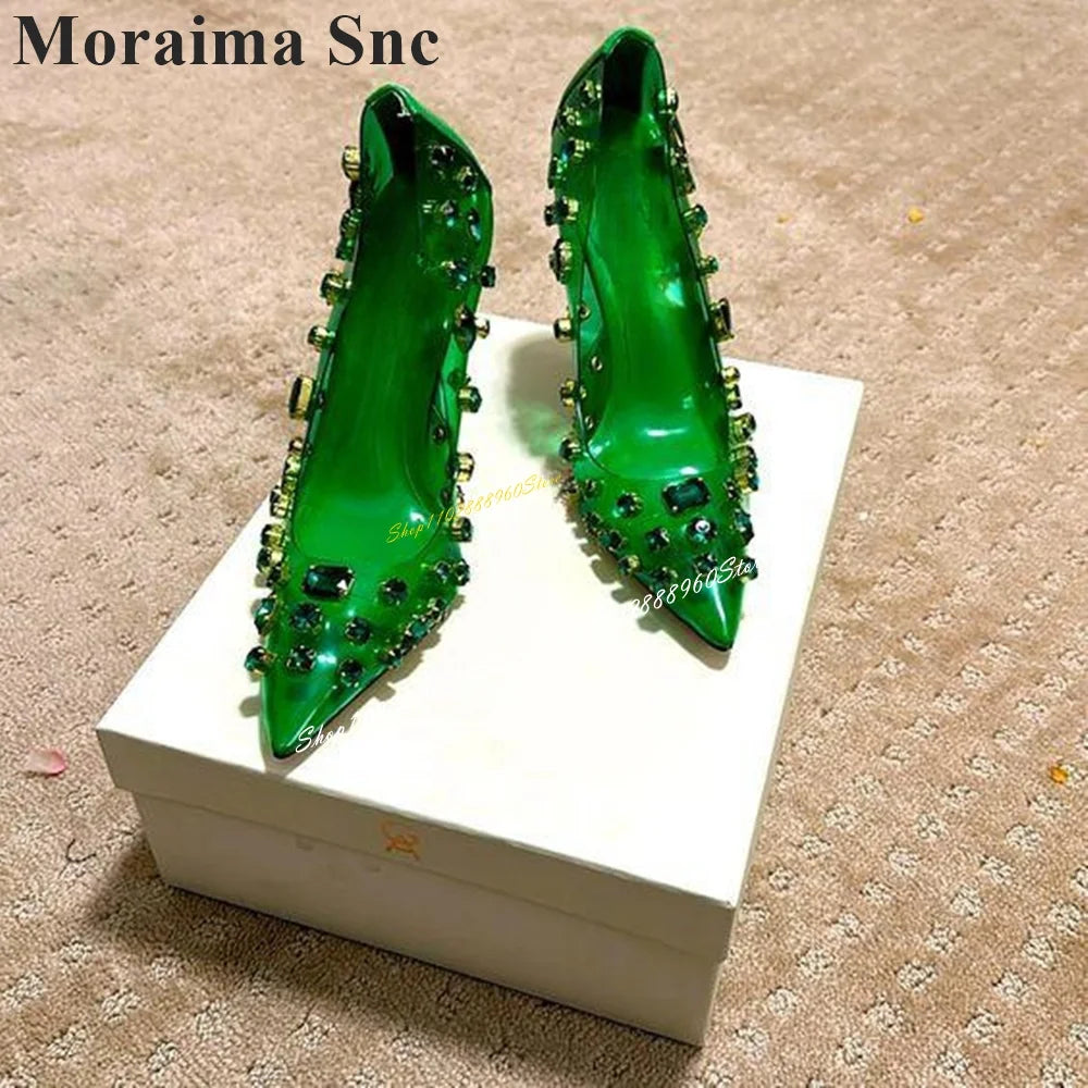 Luxurious Green Crystal Pointed Toe Pumps For Women