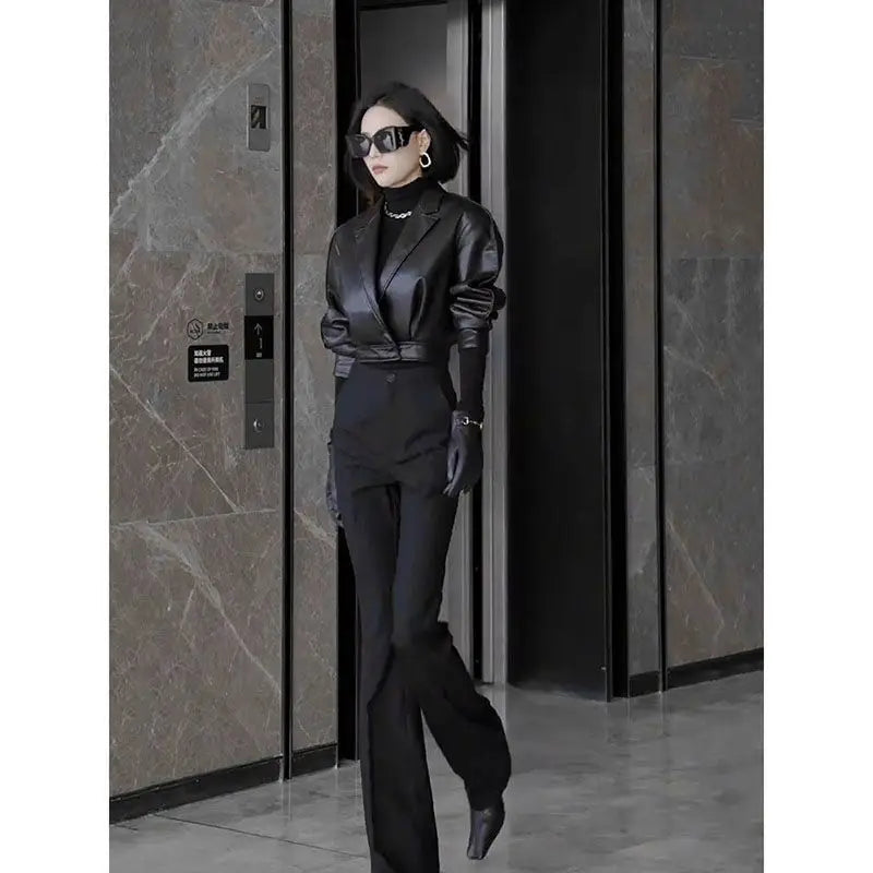 Trendy Faux Leather Blazer And Flared Pants Set For Women