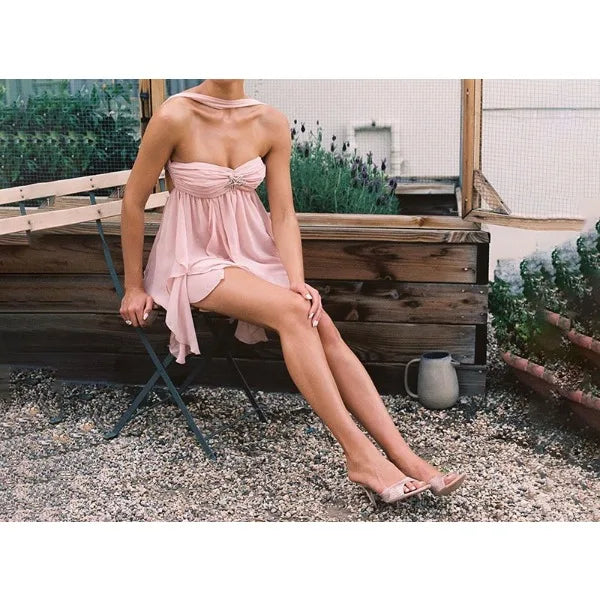 Casual Mini Dress for Women 2025 Summer Print Pleat Scarf Collar Chic Sleeveless Off Shouder Short Vestido Lady Party Beach Robe