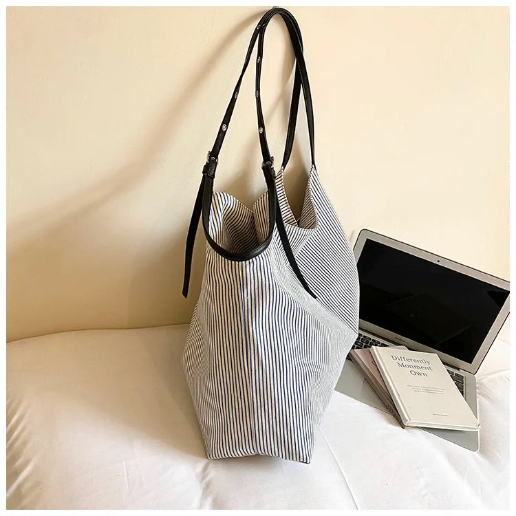 Casual Stripe Canvas Lightweight Shoulder Tote Bag for Women