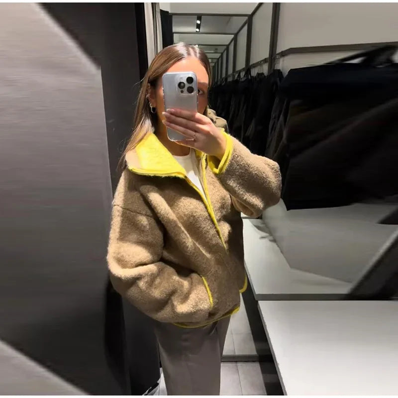 Fuzz Yellow Contrast Long Sleeve With Zipper Coat for Women