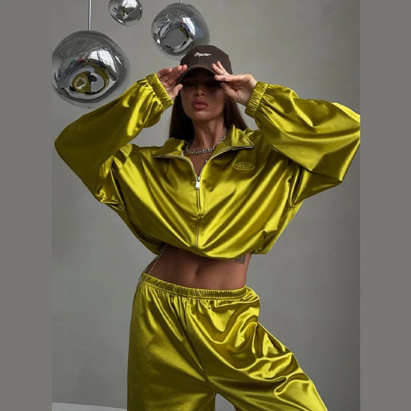 Loose Solid Satin Two Piece Pants Set With Zipper Jacket For Women