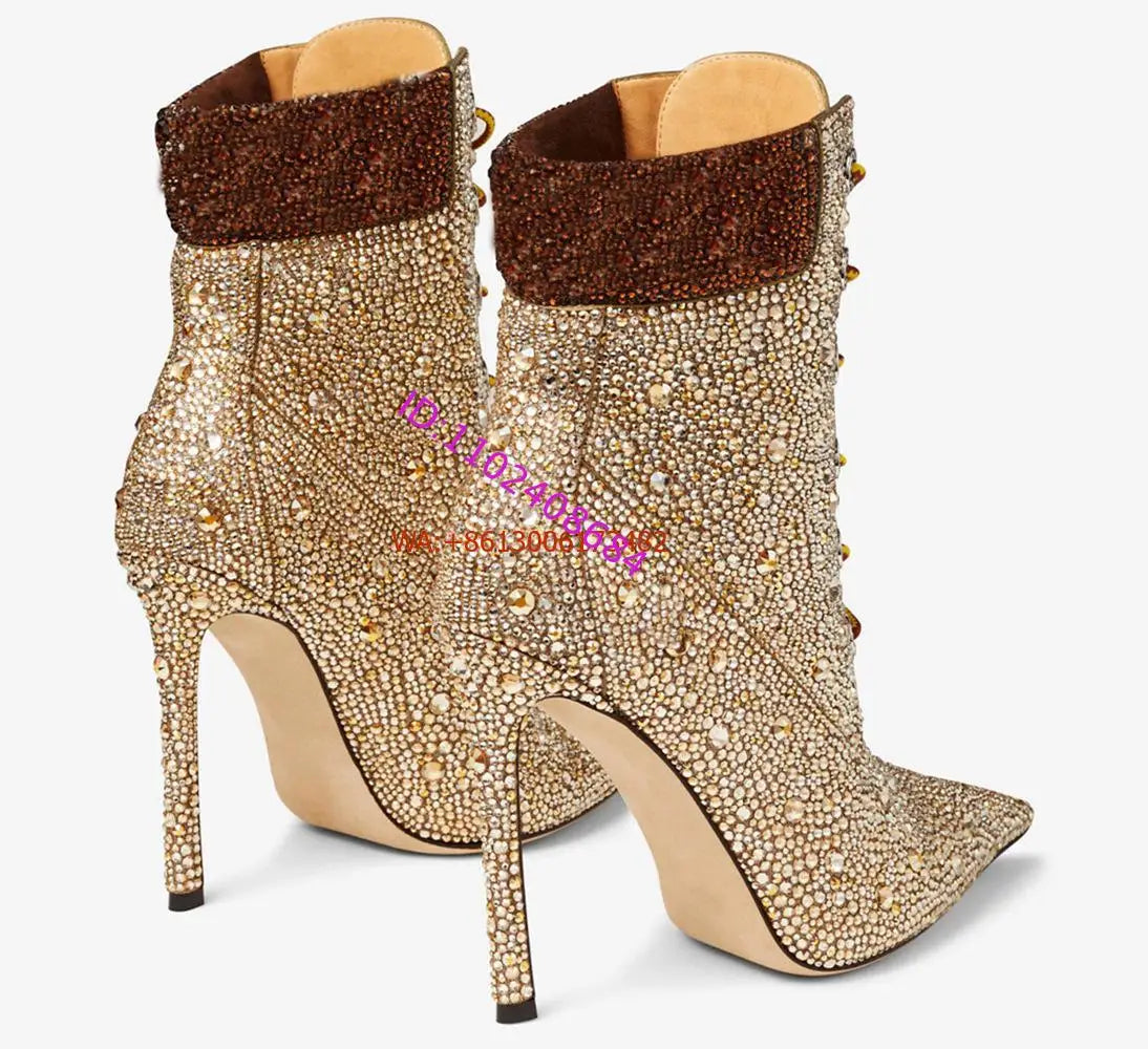 Design Women High Heel Champagne Gold Handmade Rhinestones Lace Up Ankle Boots Sexy Lady High Heel Pointy Crystal Short Boots