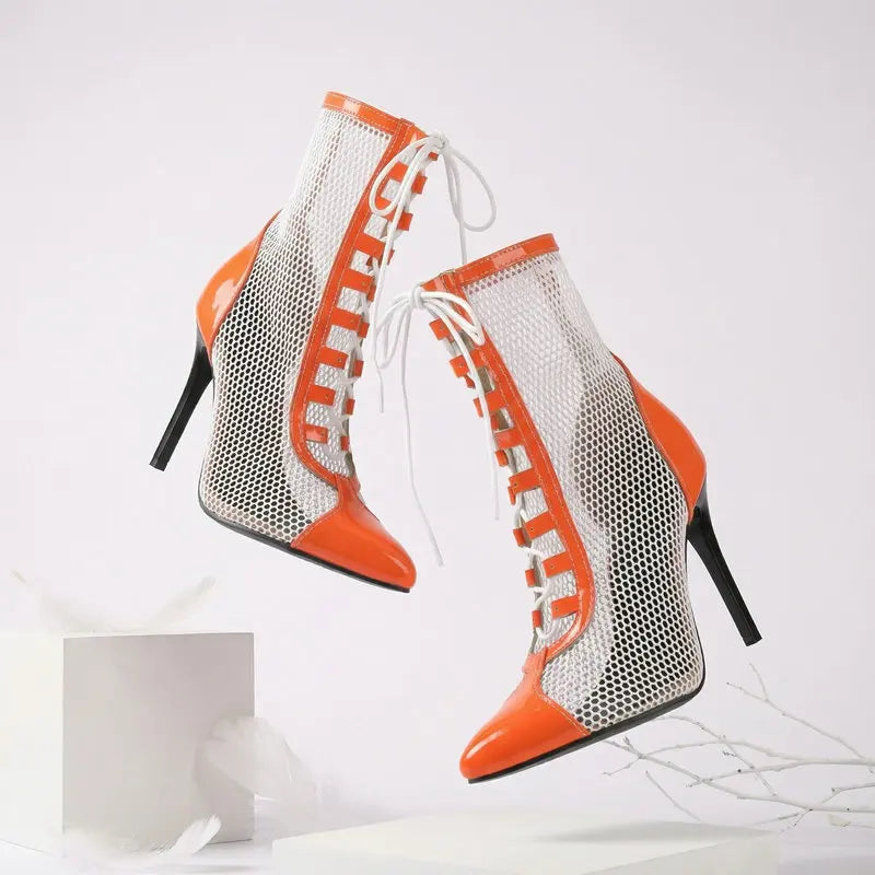 Breathable Mesh Pointy Toe Lace Up Thin Heel Ankle Boots for Women