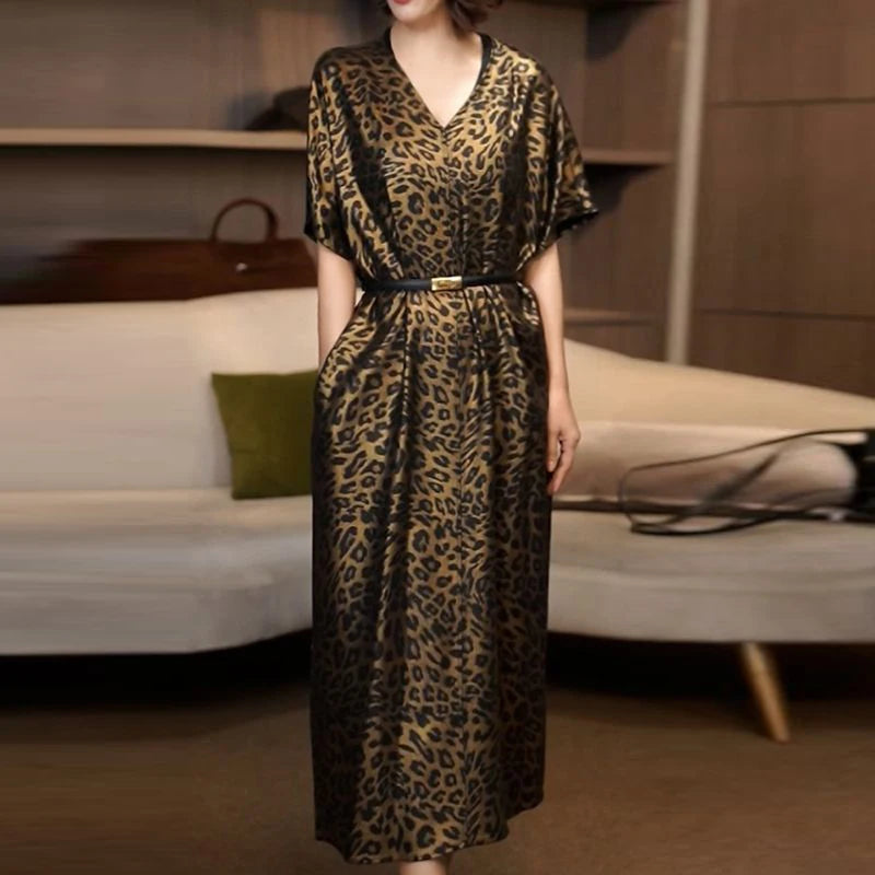Lightweight Leopard Print V Neck Midi Dress For Women