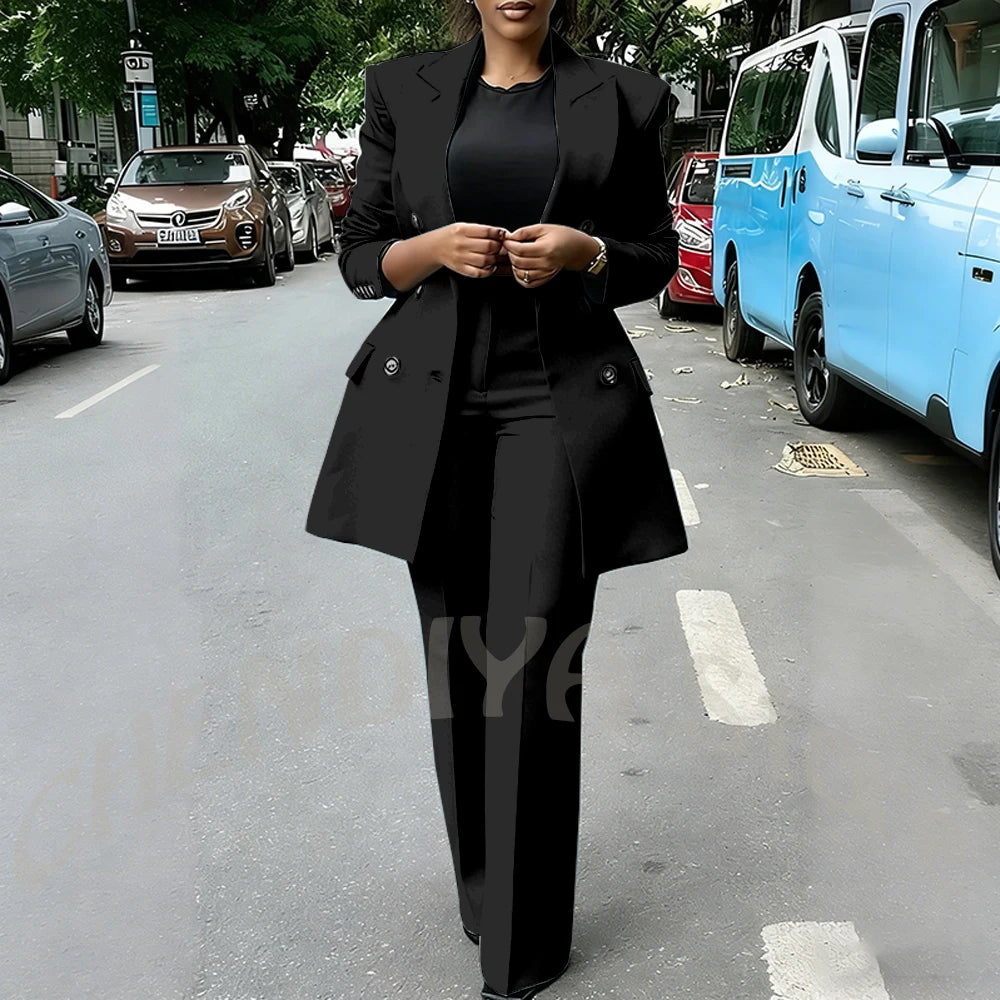 High Quality Women Suits Double Breasted Straight Formal 2 Piece Jacket Pants Peak Lapel High Street Daily Office Casual Suit