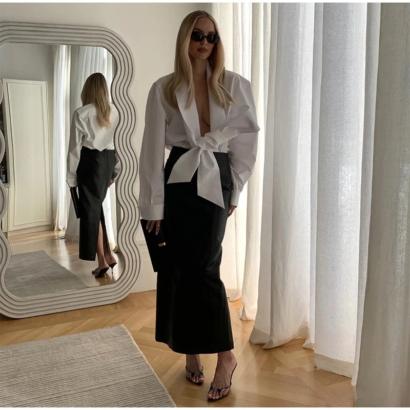 Elegant Bow Detail Pleated Long Sleeve V Neck Blouse for Women
