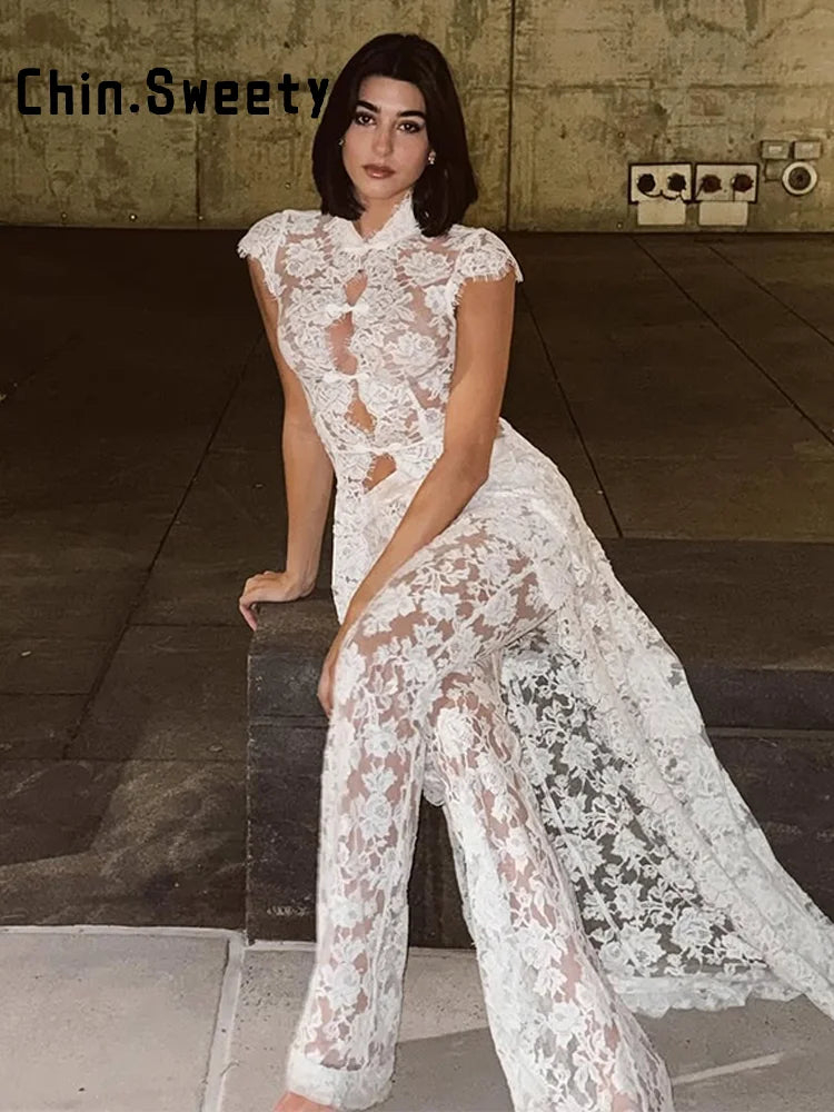 Elegant Lace Trim Two Piece Wide Leg Pant Set for Women