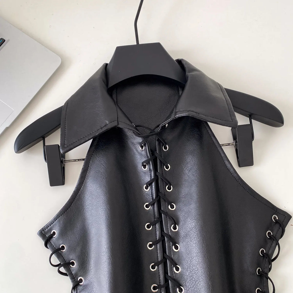Retro Lace Up Faux Leather Sleeveless Bustier Top for Women