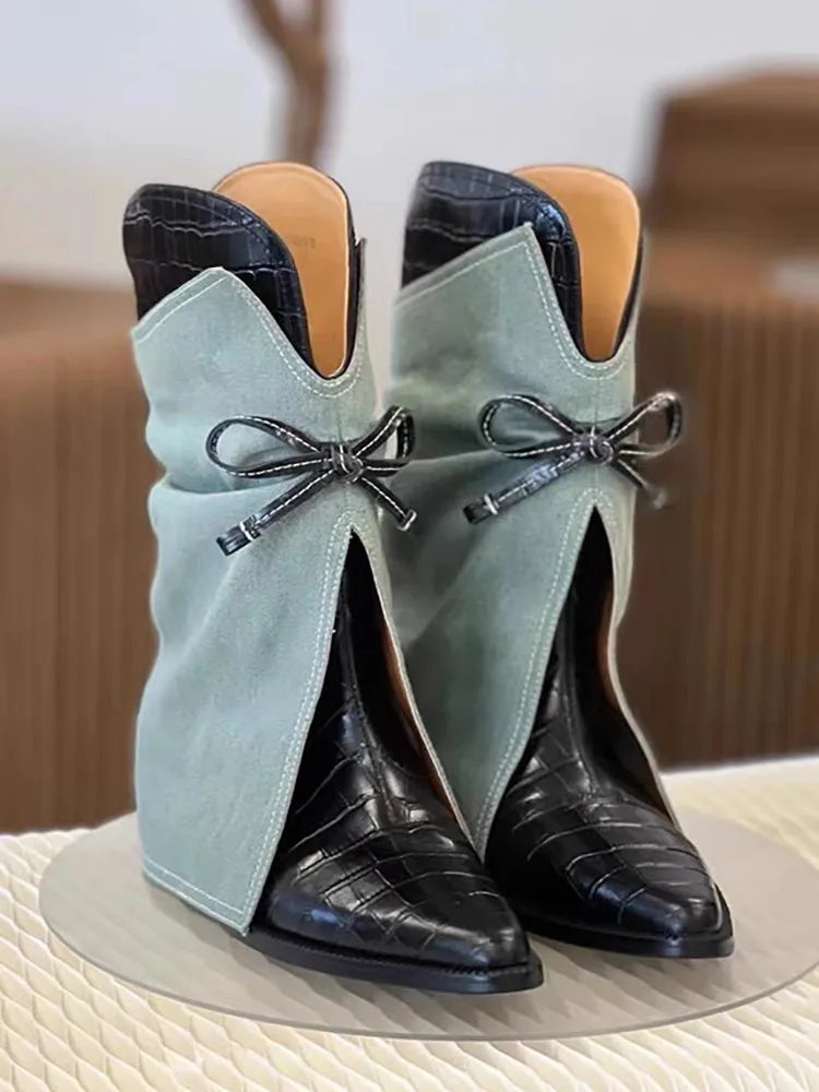 Pointed Bowknot Mid Calf Western Cowboy Boots for Women