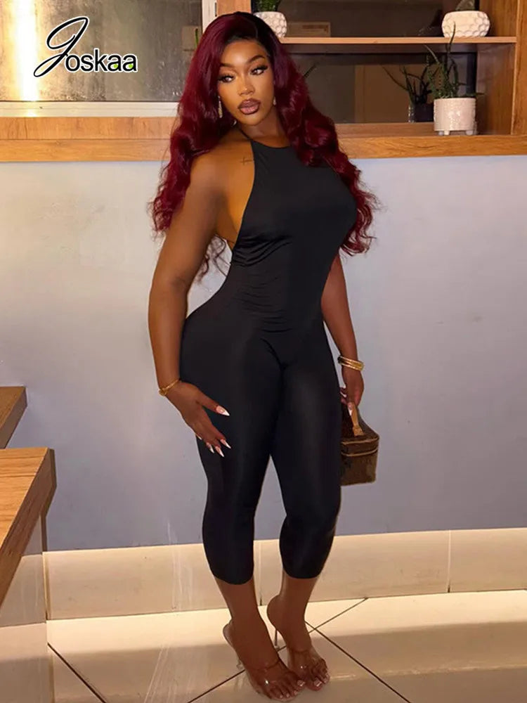 Backless Ruched Halter Neck Capri Jumpsuit for Women