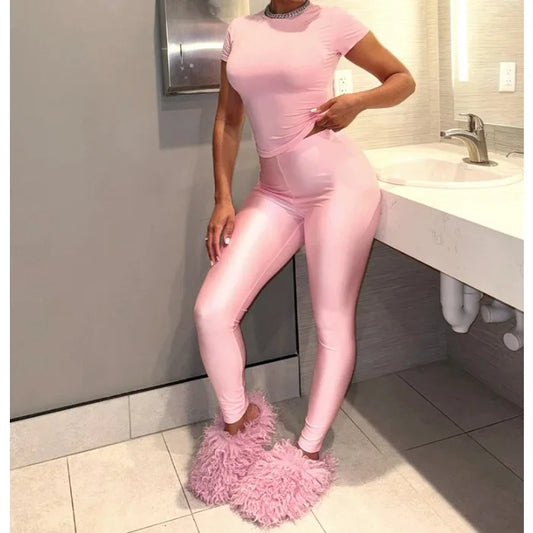 Two Piece Set for Woman Streetwear Solid Round Neck Short Sleeved T-shirt Top and Tight Pants Suit Spring and Summer 2025 New