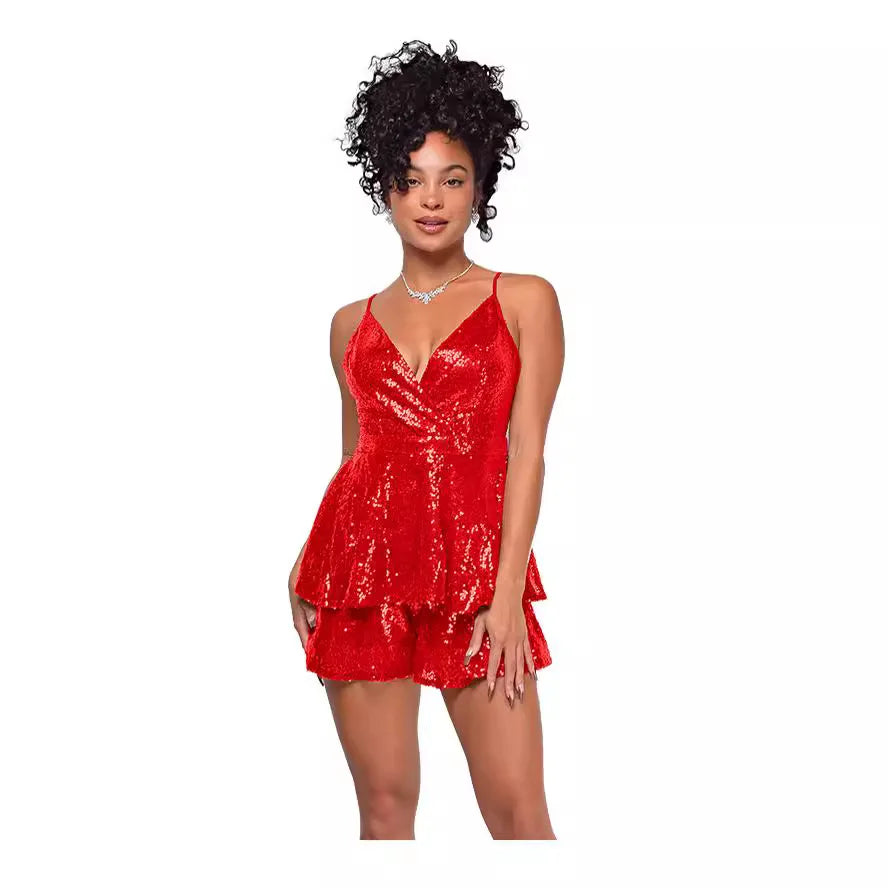 Glitter Sequin Spaghetti Strap Deep V Ruffle Romper for Women