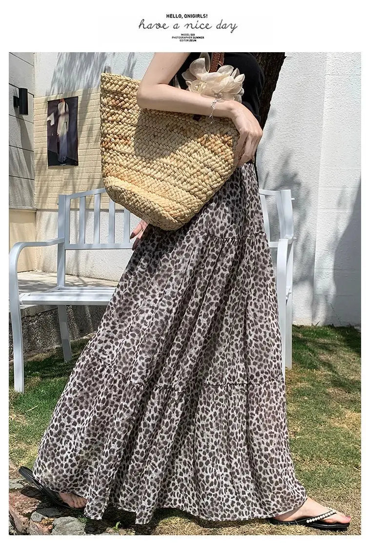 Vintage Leopard Print Tiered Maxi Skirt For Women