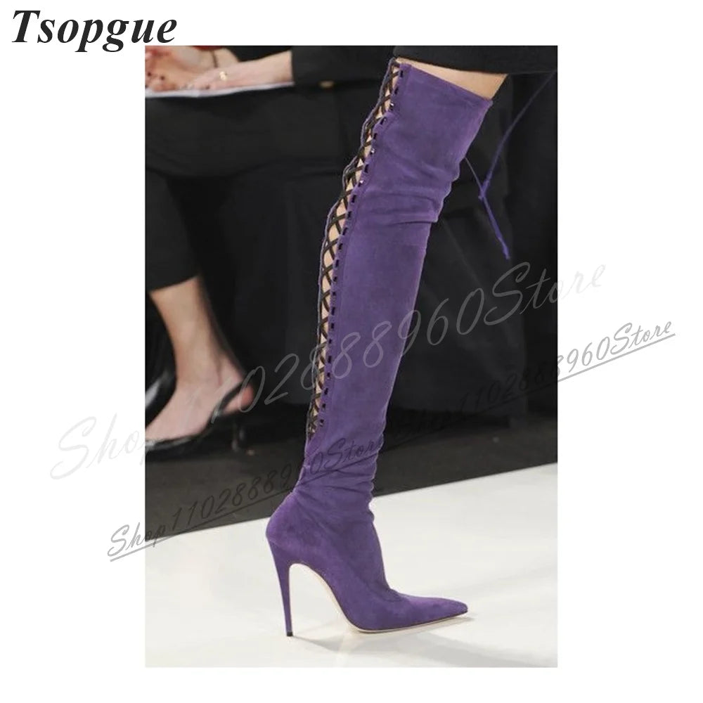 Over The Knee Purple Flock Cross Tied Boots Thin High Heel Shoes For Women Slip On Pointed Toe 2024 Fashion Zapatos Para Mujere