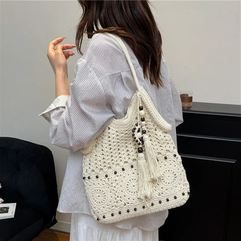 Hollow Crochet Women Bags Bohemian Large Capacity Handbags Korean Popular Bag New Tassel Cotton Shopping Bag Shoulder Bag Women