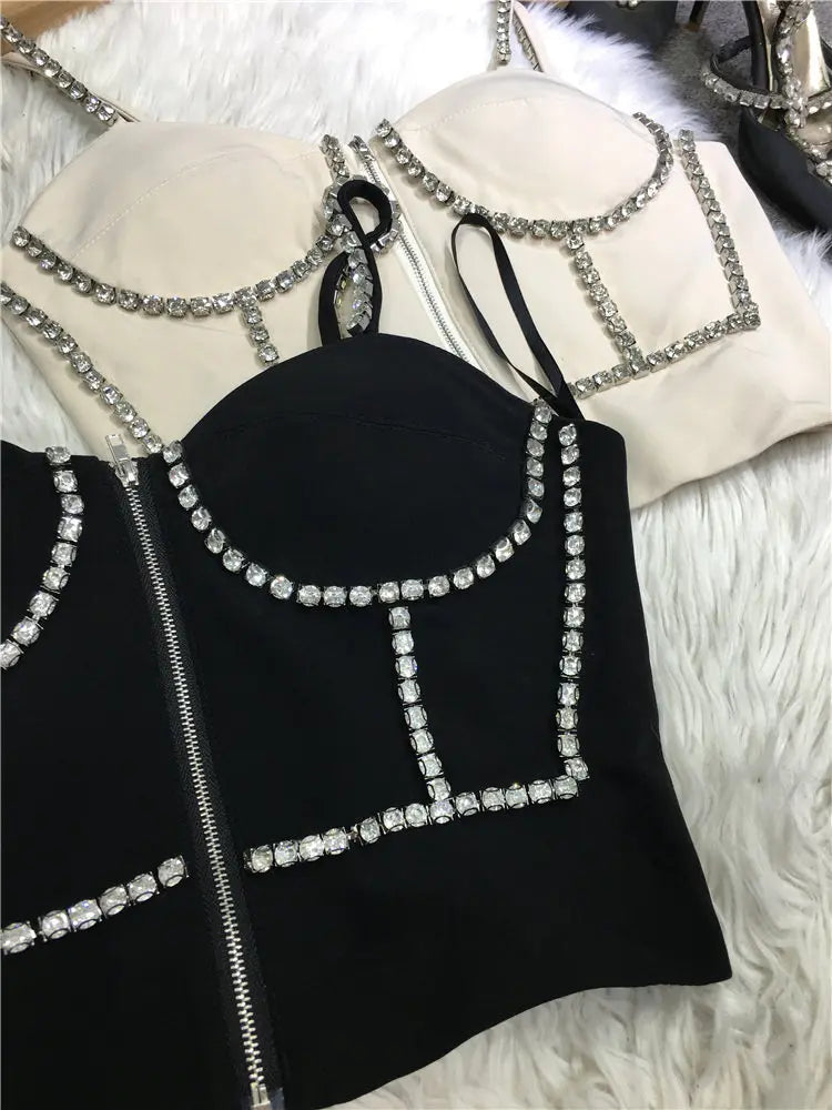 Fashion New Spring Summer Thin Shoulder Strap Camisole Hot Girl Diamonds Sexy Breast Pad Tube Top High Waist Zip Crop Tanks Tops