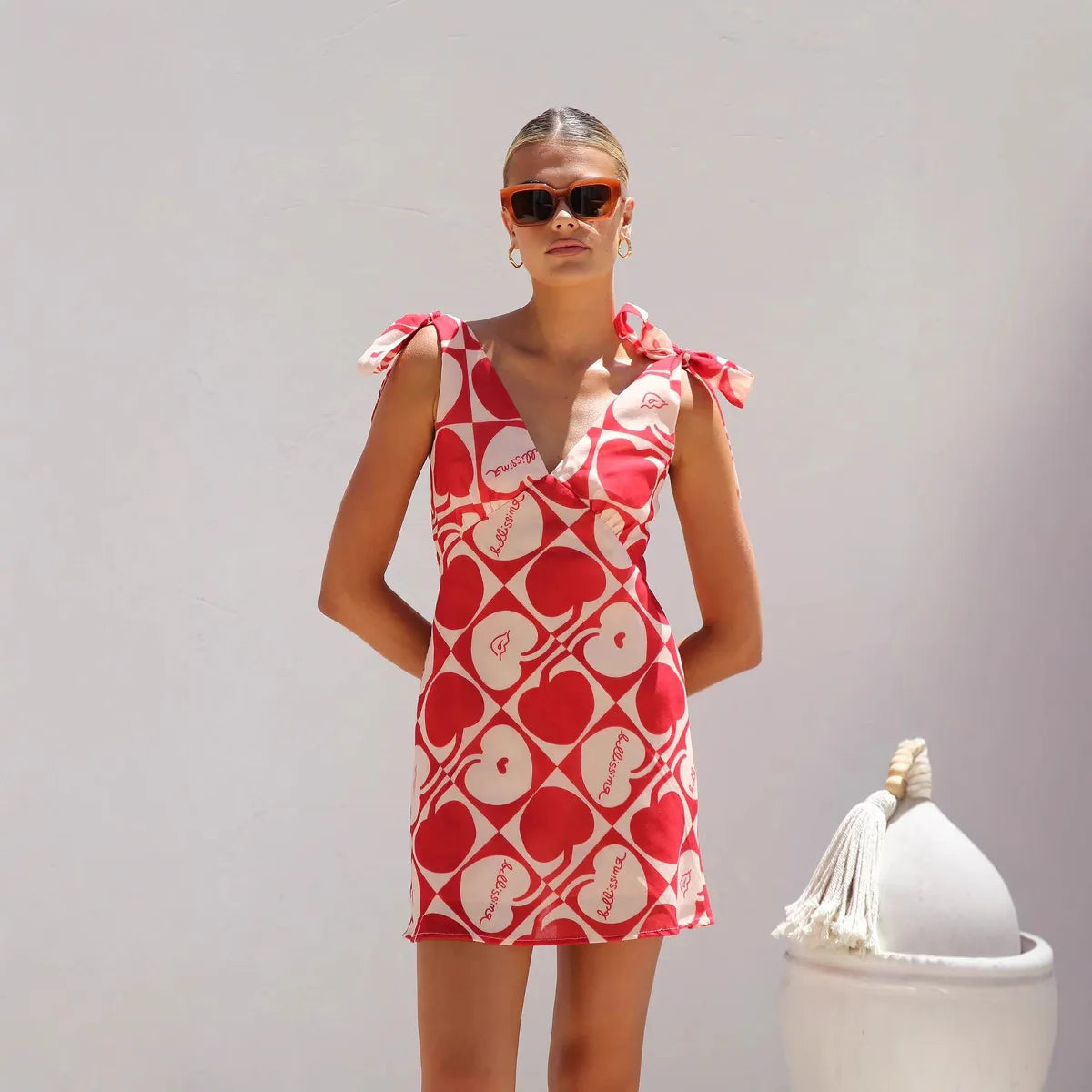 Print Sleeveless V-Neck Backless Bowknot Mini Dress for Women