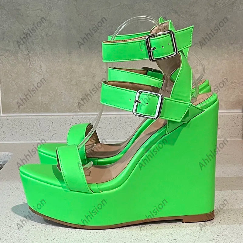 Yellow Open Toe Buckle Platform Wedge Sandals For Women