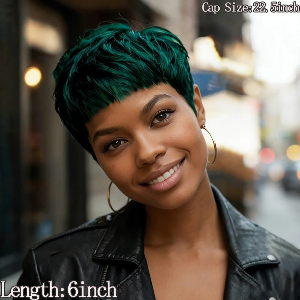 Green Straight Layered High Density Pixie Wig For Women