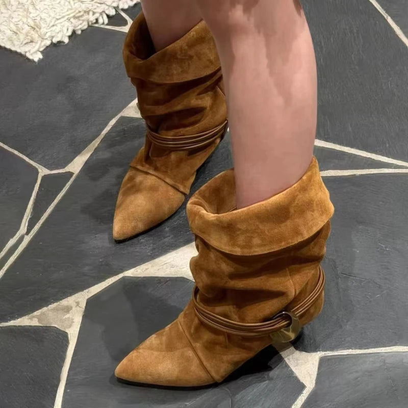 Vintage Stiletto Low Heel Boots Women's Fashion Brand Pleated Ankle Boots Brown Pointed High-end Texture New Cowboy Boots Shoes