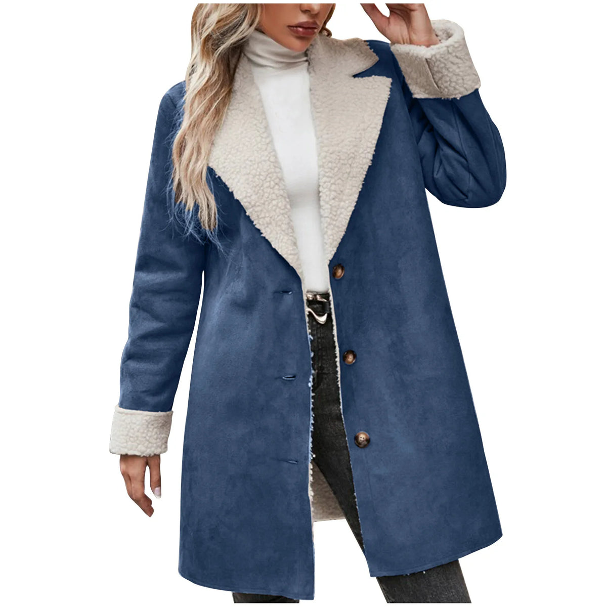 Warm Fleece Lined Suede Coat With Notch Lapel for Women