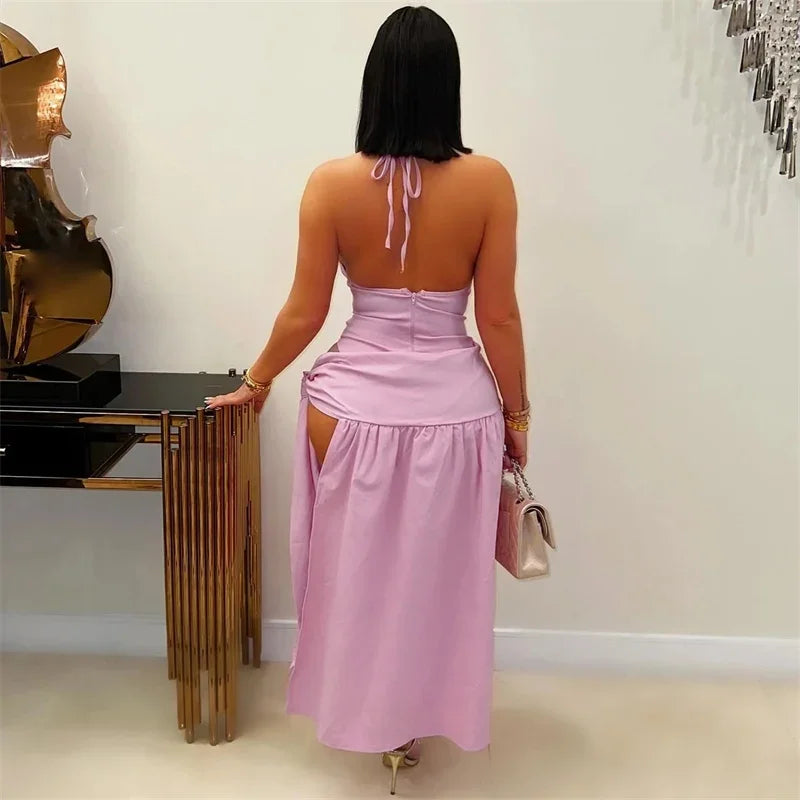 Halter Backless Bodysuit Top and Lace-Up Skirt Two-Piece Set for Women
