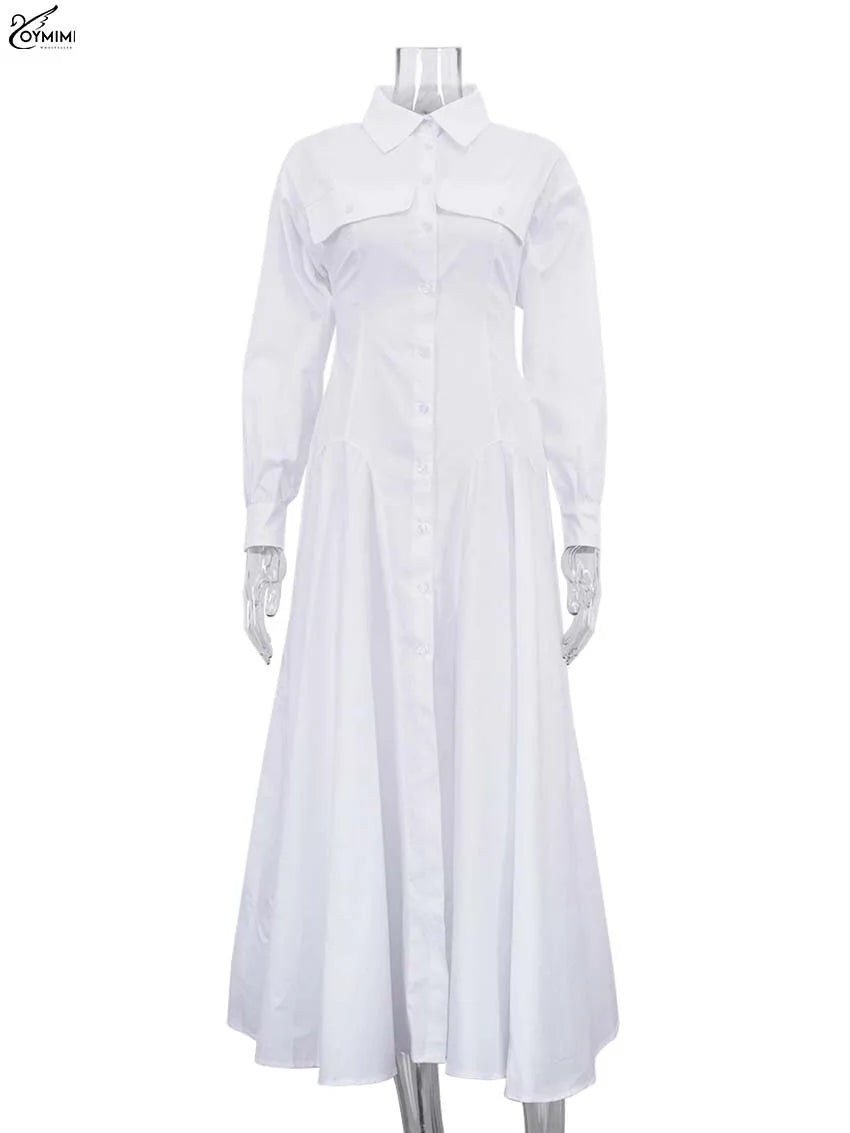 Oymimi Elegant White Lapel Women's Dress Fashion Three Quarter Sleeve Pockets Dresses Casual Button Pleated Ankle-Length Dresses