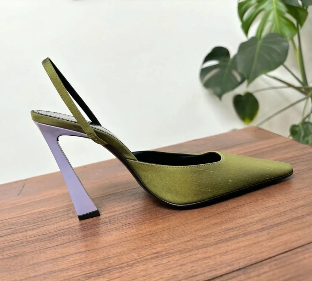 Pointed Green Purple Satin Pumps