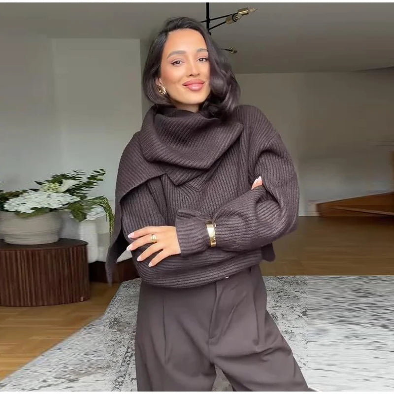 Women 's Sweater Elegant Scarf O-neck Knitted Thicken Full Sleeve Pullovers Female 2025 New Autumn Winter Woman Jacket Knitwear