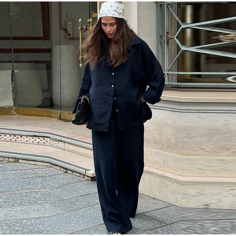 Casual Solid + Shirt and Wide Leg Pants Set + for Women