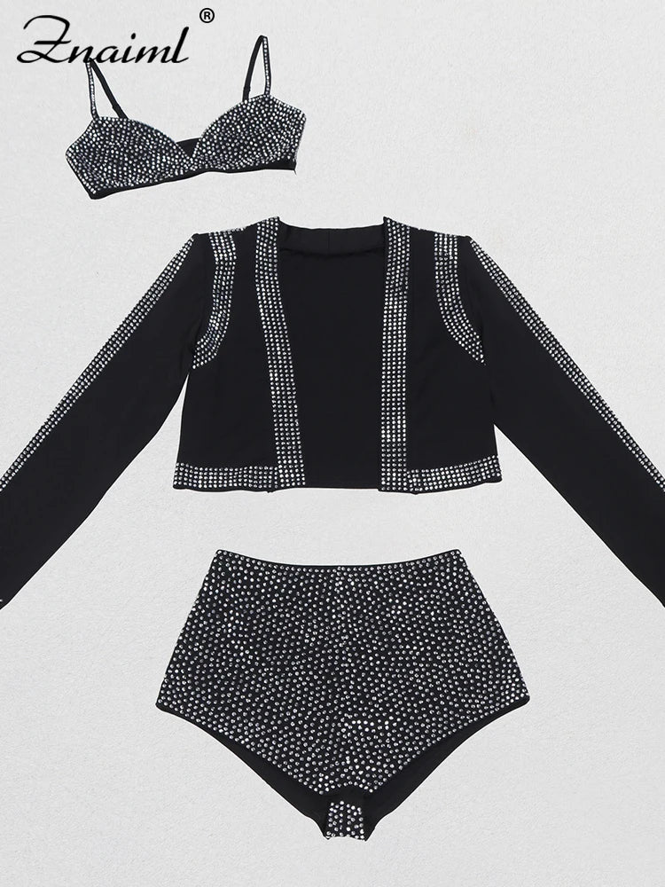 Znaiml Luxury Black Rhinestone Outfits Women Jacket Bra Crop Top and Shorts 3 Pieces Set Elegant Birthday Night Club Prom Suits