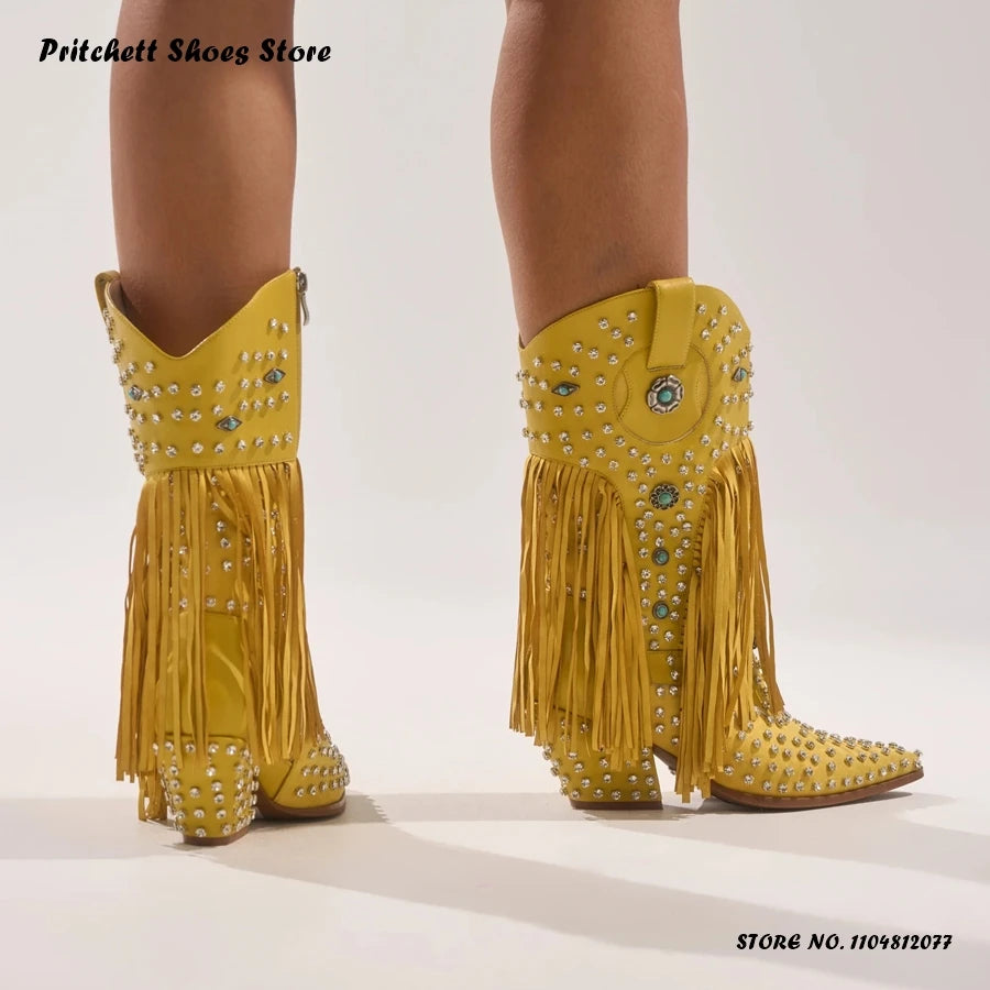 Crystal Embellished Fringe Pointed Toe Leather Wedge Boots for Women