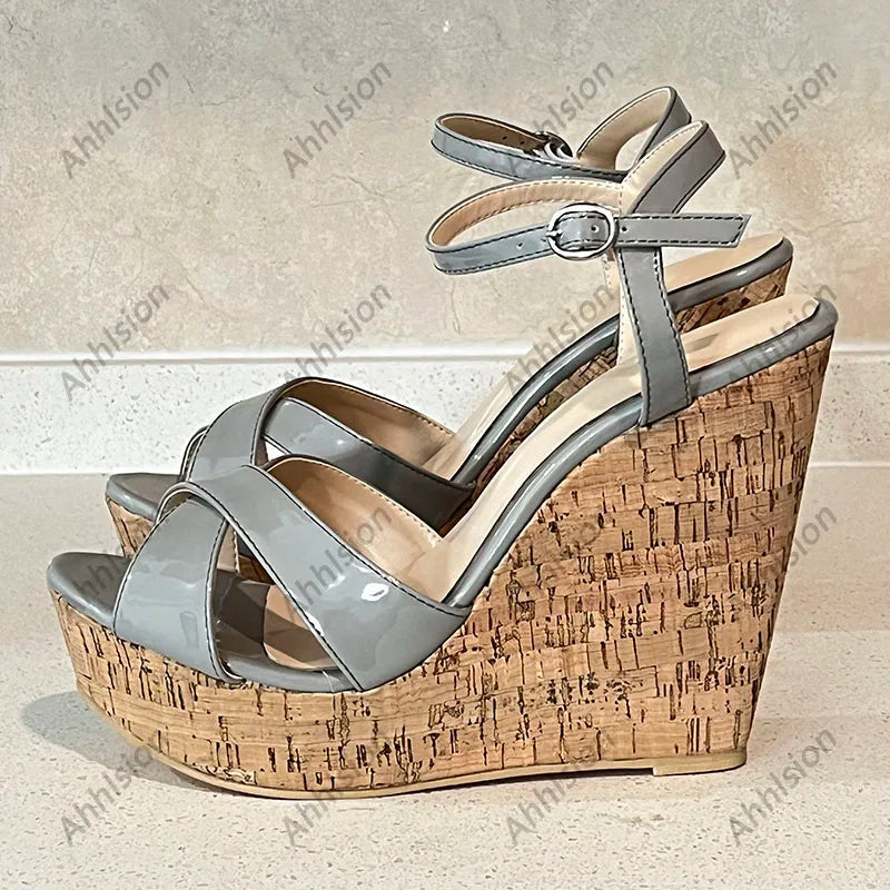 Comfortable Grey Platform Open Toe Wedge Sandals With Buckle Strap For Women