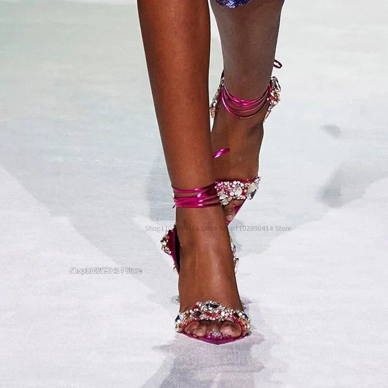 Green Open Toe Sandals With Back Strap And Crystal Detail For Women