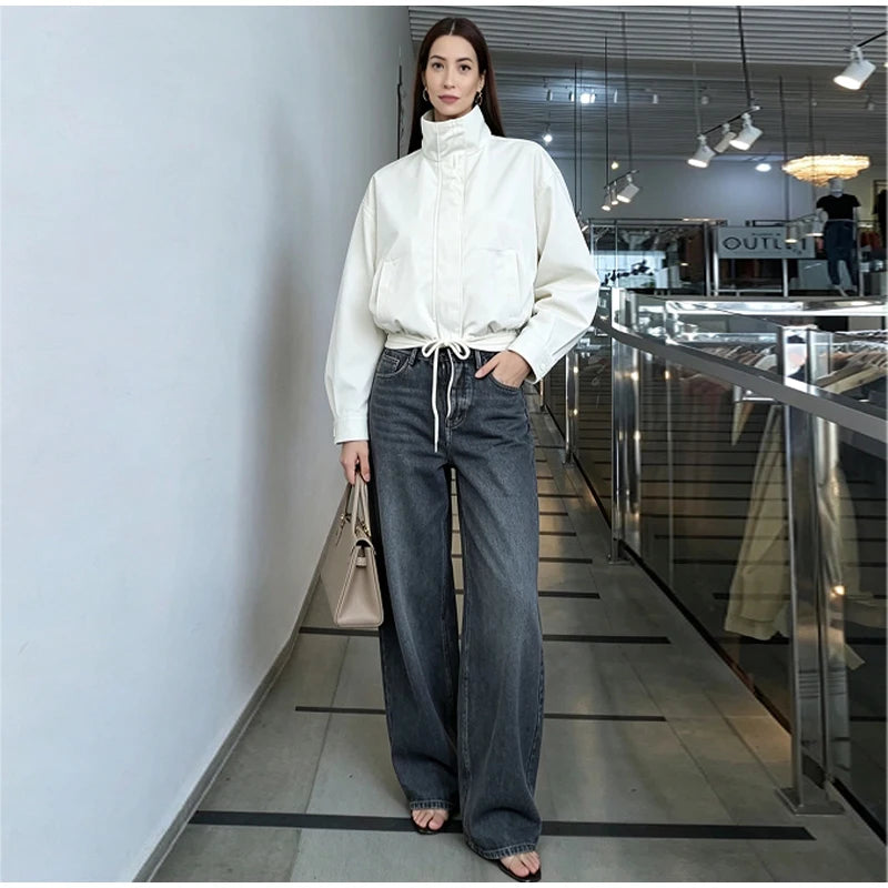 Casual Solid Jacket With Stand Collar And Pockets for Women